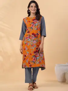 KALINI Floral Printed Round Neck Crepe Straight Kurta