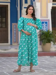 Aujjessa Floral Printed Off-Shoulder Flared Maternity Cotton A-Line Midi Dress