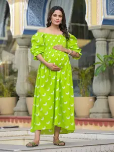 Aujjessa Floral Printed Off-Shoulder Puff Sleeves Maternity Cotton A-Line Midi Dress