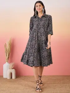 InWeave Floral Print Three-Quarter Sleeves Shirt Dress