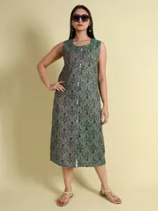GRANTH FASHION Ethnic Motifs Printed Sleeveless Cotton Shirt Midi Dress