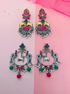 ABDESIGNS Set Of 2 Silver-Plated Stone-Studded & Beaded Classic Drop Earrings