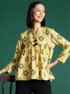 Sangria Print Mandarin Collar Ethnic Peplum Top