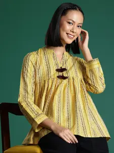 Sangria Yellow Abstract Print Mandarin Collar Peplum Top