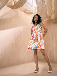 Pink Paprika by SASSAFRAS Abstract Print Square Neck Smocked Cotton Fit & Flare Dress