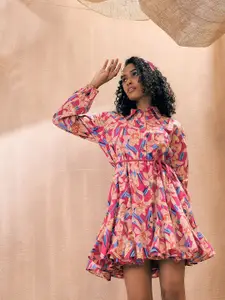 Pink Paprika by SASSAFRAS Shirt Collar Long Puff Sleeves Floral Print Fit & Flare Dress