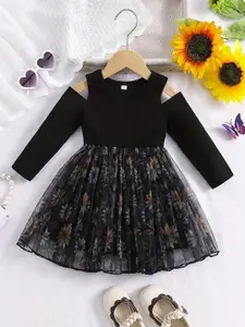 BAESD Floral Print Cold-Shoulder Net Fit & Flare Dress