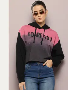 Kook N Keech Colourblocked Printed Hooded Crop Sweatshirt