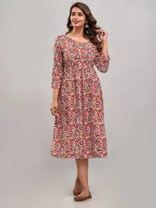 KALINI Floral Printed Round Neck Maternity Fit & Flare Midi Dress