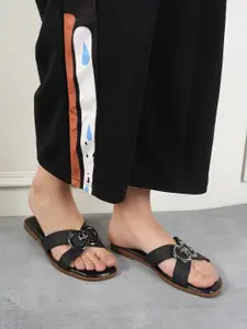 DressBerry Black Textured Open Toe Flats