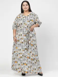 plusS V Neck Puff Sleeves Geometric Print Maxi Plus Size Dress