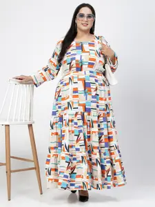 plusS Round Neck Long Sleeves Geometric Print Maxi Plus Size Dress