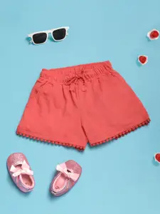 V-Mart Girls Solid Mid-Rise Pom-Pom Detail Cotton Casual Regular Shorts