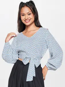 Global Desi Printed V-Neck Puff Sleeve Crop Top