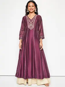 Global Desi V Neck Long Sleeves Ethnic Embroidered A Line Kurta