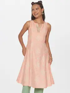 Global Desi Geometric Embroidered Sleeveless Boat Neck A-Line Kurta