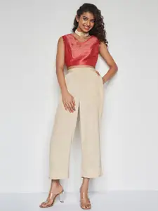 Global Desi Self Design V-Neck Sleeveless Top