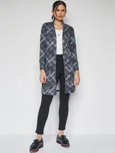 AND Checked Collarless Long Sleeves Longline Shrug