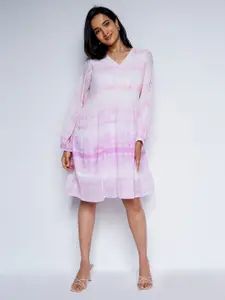 AND Tie and Dye V-Neck Long Cuffed Sleeves A-Line Dress