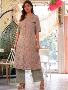 AKS Ethnic Motifs Printed Shirt Collar Short Sleeves Pure Cotton Kurta Set