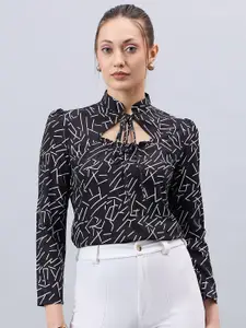 Style Quotient Abstract Printed Puff Sleeves Tie-Up Neck Regular Top