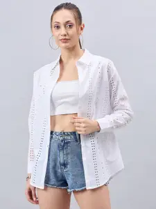 Style Quotient Smart Self Design Schiffli Cotton Oversized Casual Shirt