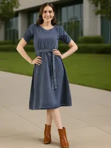 DressBerry Blue Puff Sleeve V-Neck Denim A-Line Dress