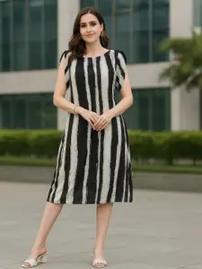 DressBerry Black Striped Georgette A-Line Midi Dress