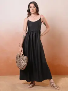 Vishudh Black Self Design Shoulder Straps Gathered Smocked Maxi A-Line Dress