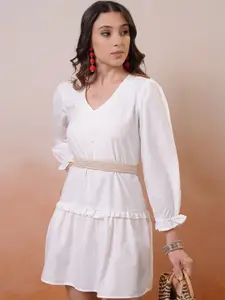 Vishudh White Self Design V-Neck Flared Puff Sleeve A-Line Dress