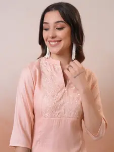 Vishudh Peach Mandarin Collar Regular A-Line Kurta