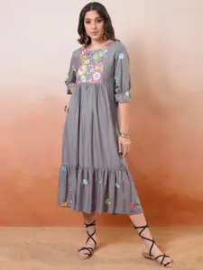 Vishudh Grey Floral Embroidered Round Neck Fit & Flare Midi Dress