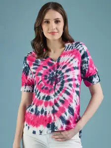 DressBerry Pink Classic Mandarin Collar Printed Casual Shirt