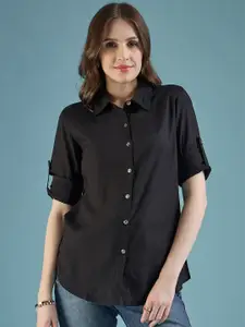 DressBerry Classic Black Roll-Up Sleeves Casual Shirt