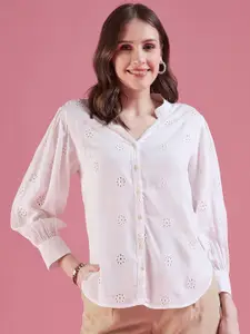 DressBerry White Classic Cotton Self Design Mandarin Collar Casual Shirt