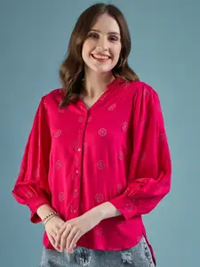 DressBerry Fuchsia Classic Schiffli Mandarin Collar Casual Shirt