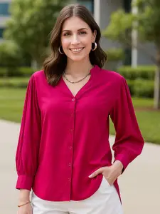 DressBerry Fuchsia Classic Mandarin Collar Casual Shirt