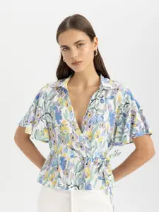 DeFacto Floral Print Flared Sleeve Wrap Top