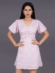 La Aimee Floral Print Flared Sleeve Fit and Flare Mini Dress