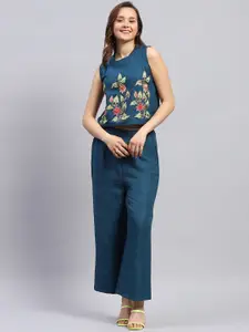 Monte Carlo Floral Printed Linen Collared Neck Sleeveless Top & Trousers Co-Ords