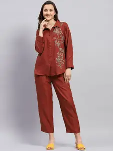Monte Carlo Floral Printed Linen Collared Neck Full Sleeve Top & Trousers Co-Ords