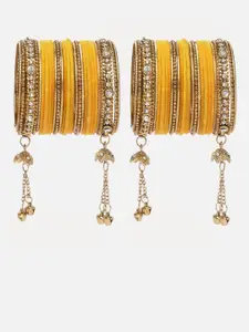 Anouk Yellow Set Of 56 Gold Plated Velvet Tasselled Bangles