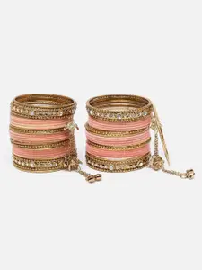 Anouk Peach Coloured Set Of 56 Gold-Plated CZ-Studded Tasselled Velvet Bangles
