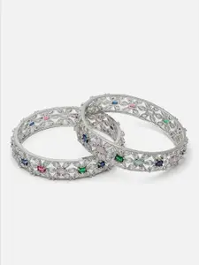 Anouk Set Of 2 Rhodium-Plated American Diamond Studded Flower Shaped Bangles