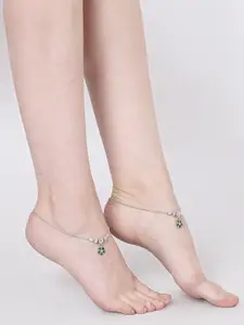 Anouk Green Rhodium-Plated Stone Studded Anklets