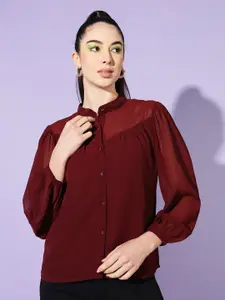 Slenor Women Solid Mandarin Collar Georgette Shirt Style Top