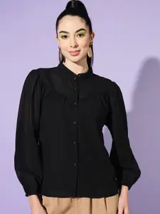 Slenor Women Solid Mandarin Collar Puff Sleeve Georgette Shirt Style Top