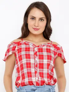 Kraus Jeans Checked Off-Shoulder Blouson Top
