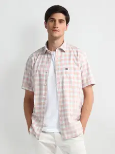 Arrow Sport Gingham Checked Spread Collar Short Sleeves Linen Casual Shirt