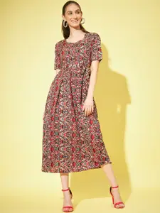 Slenor Floral Print Sweetheart Neck Crepe Tie-Ups  Fit & Flare Midi Dress